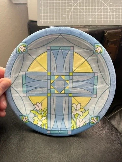RELIGIOUS Sacred Cross Blue SMALL PAPER PLATES (8) ~ Birthday Party Supplies New - Image 1 of 2