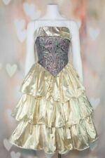 VTG 80s GLAM Punk *GOLD LAME'* Tiered JEWEL TAPESTRY Poofy Party PROM DRESS XXS