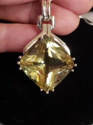 Collar de plata esterlina CUARZO LIMÓN, enorme corte princesa radiante de 20 mm, cadena de 18" Foto 1 de 4