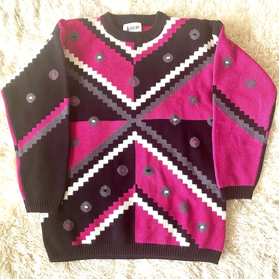 Joyce 复古 20 世纪 80 年代粉色黑色几何毛衣女式小号 1990 年代 90 年代 — 第 1/3 张图片