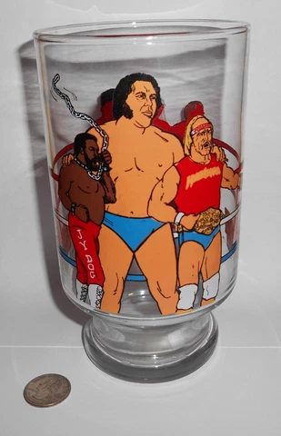 Vintage WWF Glass 1985 Wrestling 32 Ounce Hulk Hogan Andre the Giant Tumbler Cover