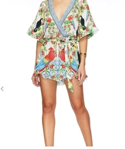 CAMILLA Talla XS US 4 Mono Cruzado Volantes Dobladillo Estampado Tucán 100% Seda - Imagen 1 de 11