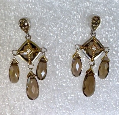Pendientes Lori Bonn de cuarzo ahumado de diamantes de oro de 14 k y plata de ley 925 Foto 1 de 4