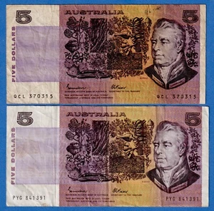 Australia 5 Dollars Set - 1974-91 P-44e(1) &  44e(2)  2 Circulated Notes - Picture 1 of 3