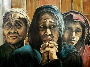 ORIGINAL FRAMED OIL (OR ACRYLIC) PAINTING 'LATINAS IN MOURNING' - SIGNED BLAZIS - Picture 1 of 11