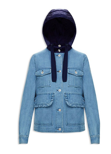 Giacca con cappuccio Moncler Resinite con bottoni in denim e nylon blu navy taglia 4 L