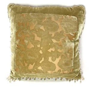 Vtg Green Velvet Throw Pillow Beaded Tassels Boho Decor Boudoir Bedding 13” - Picture 1 of 12