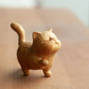 1PC Cat Statues Home Decor Wooden Sculpture Hand Carved Craft Cute Cat Statue - Picture 1 of 5