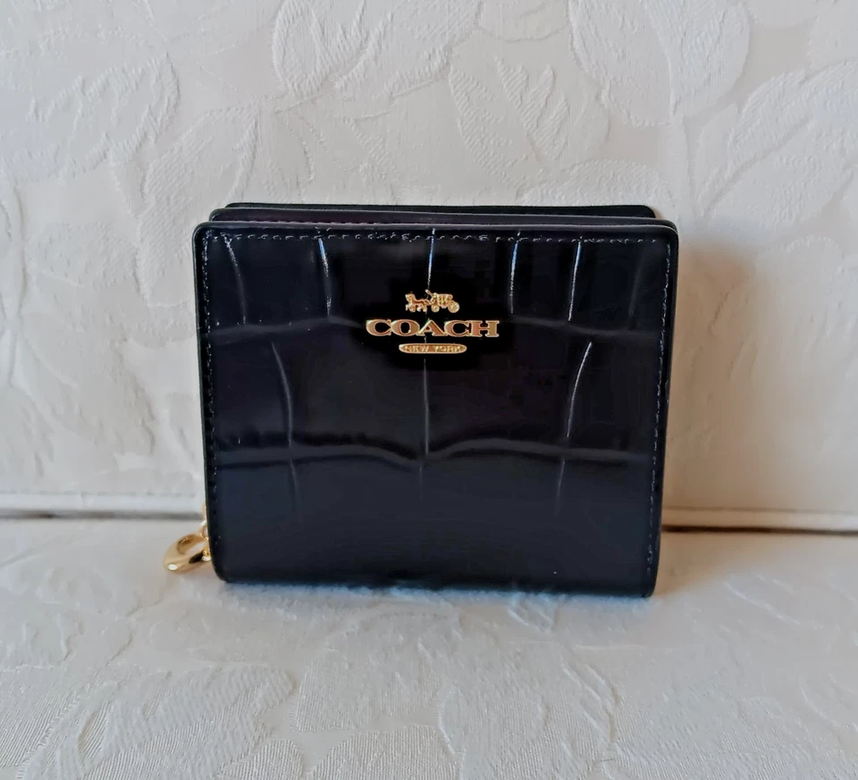 Coach C6092 Croc Embossed Leather Snap Wallet Small Clutch Black