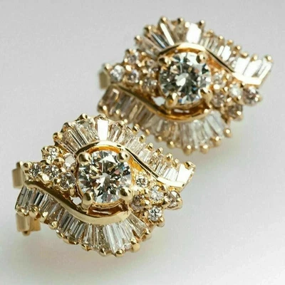 2Ct Round Baguette Cut Lab Created Diamond Stud Earrings 14k Yellow Gold Plated - Image 1 of 3