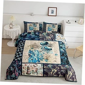 Teal Jellyfish Comforter Set, Nautical Sea Animal Bedding Set Twin Multi 05 - Picture 1 of 7