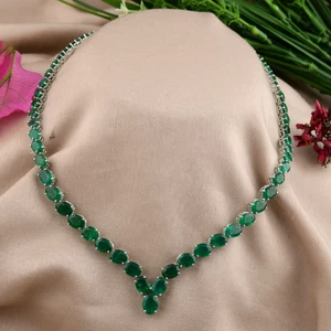 47.19 Ct Zambian Emerald Oval Gemstone Necklace Jewelry 14k White Solid Gold - Picture 1 of 13