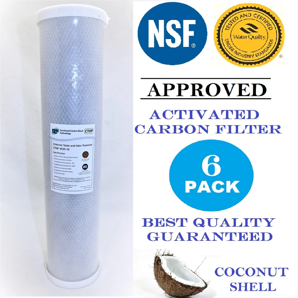 6 Pack Carbon Block Cartridge 4.5" x 20"  NSF Water Filter 10 Micron - Image 1 of 4