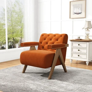 Velvet Accent Chair Wood Legs Tufted Upholstered Leisure Chair Arm Chair 34.65'' - Picture 1 of 15