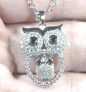 Owl Pendant Necklace Mother Baby Austrian Crystal Silver Tone 18K White GP - Picture 1 of 9