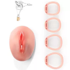 Male Sissy Realistic Pussy Chastity Cage with 4 Sizes Rings Lock Devices UK - Picture 1 of 10