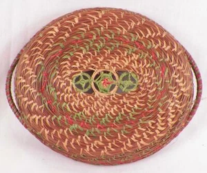 Vintage Woven Grass Basket Red Green Brown Handles Decorative Small Pretty - Picture 1 of 4