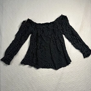 American Eagle Outfitters Womens Blouse Black White Polka Dot Off Shoulder XS - Picture 1 of 9
