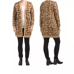 SPLENDID $168 Leopard Print Duster Cardigan, Boho Knit Sweater Tan Brown MED EUC - Picture 1 of 11