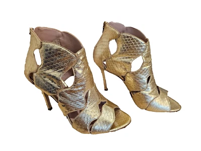 Zapato APERLAI Metálico Dorado Estampado Piel de Serpiente Cuero Recortado con Cremallera Trasera 37.5 Foto 1 de 4