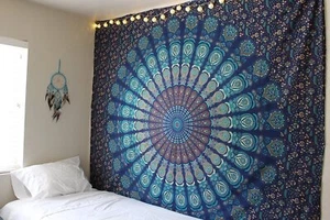 Hippie Bohemian Psychedelic Peacock Mandala Wall Hanging Bedding Indian Tapestry - Picture 1 of 33