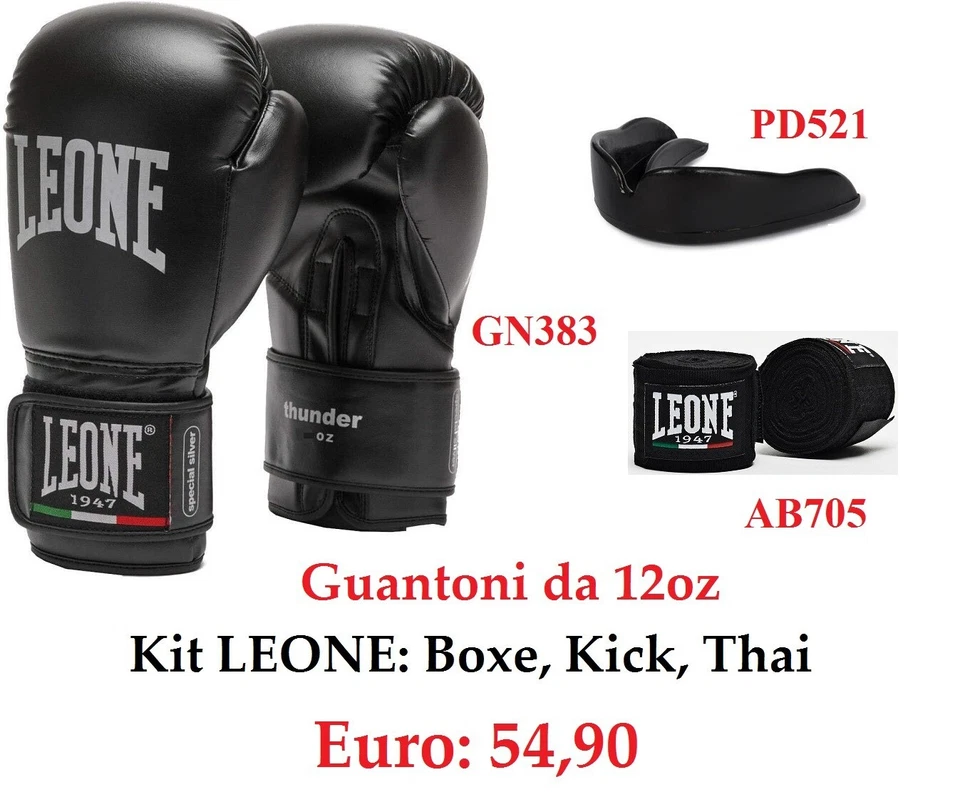 LEONE 1947 KIT BOXE LEONE : GUANTONI 12OZ+FASCE+PARADENTI BOXE KICK THAY PREPUGILISTICA
