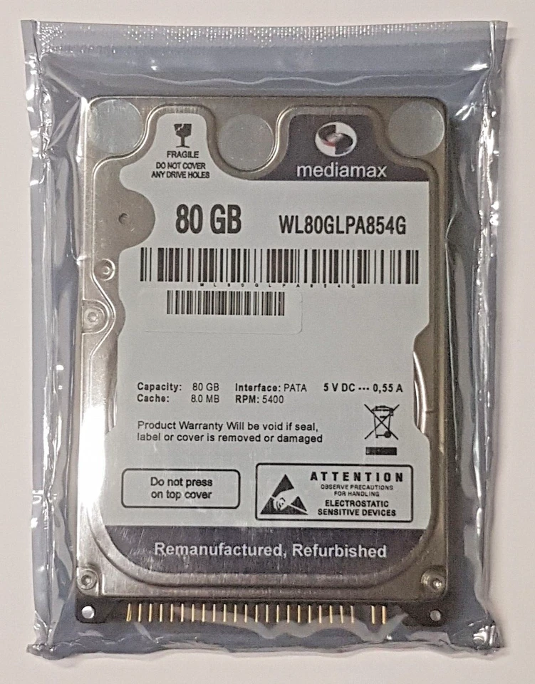 80 GB Ide Mediamax WL80GLPA854G P-Ata 5400rpm 8MB HDD 2.5 " Internal Hard New - Image 1 of 1