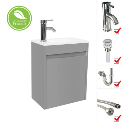 Juego de drenaje de grifo de lavabo de cerámica gris pintura tocador baño pequeño montaje en pared de 16" Foto 1 de 4