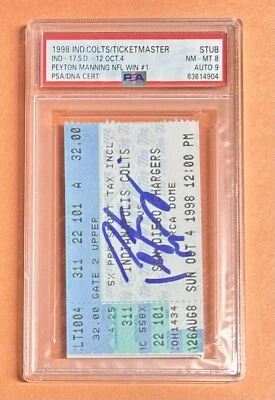 Peyton Manning 1998 primera victoria NFL boleto talón Colts Chargers novato autógrafo automático Foto 1 de 2