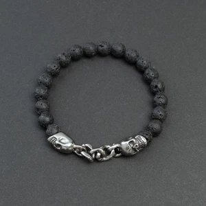 Armband Edelstahl Herren Totenkopf & Kette Lavastein Perlen Stretch Schwarz - Foto 1 di 1