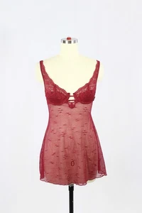 Vestido Babydoll Negligee Vintage SEDA Y SATINADO Granate Rojo Malla Encaje, Talla S - Imagen 1 de 12