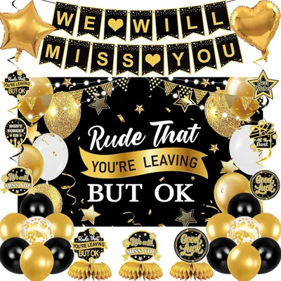 Decoraciones de fiesta de despedida, grosero que te vayas pero está bien pancarta, negro dorado con Foto 1 de 4