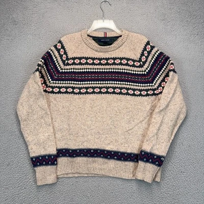 Tommy Hilfiger Sweater Womens XL Beige Blue Fair Isle Wool Outdoor Holiday - Image 1 of 4