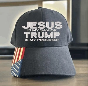 Jesus is my savior Trump is my President Hat - USA300 Flag Brim or Flex Fit MAGA - Picture 1 of 1