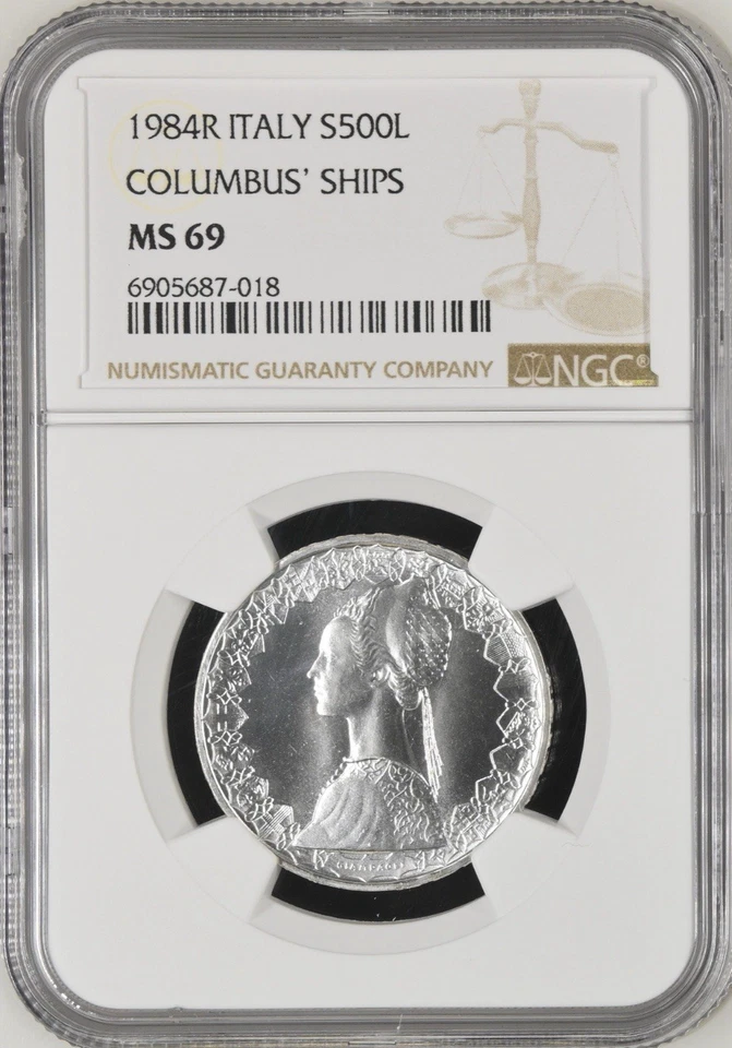 1984 ITALY SILVER 500 LIRE-COLUMBUS SHIPS-NGC MS 69 - BEAUTIFUL & RARE TOP POP - Image 1 of 3
