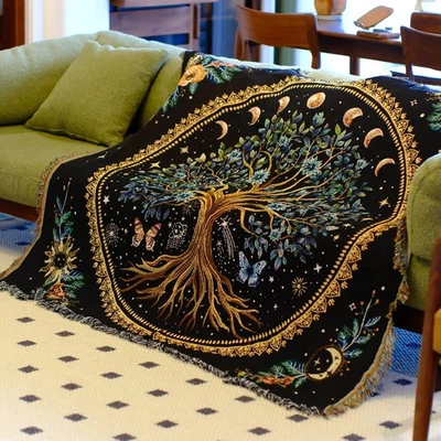 Manta Tejida Boho Chic Decoración Árbol de la Vida Reversible Lindo Algodón Boho Thr... Foto 1 de 4
