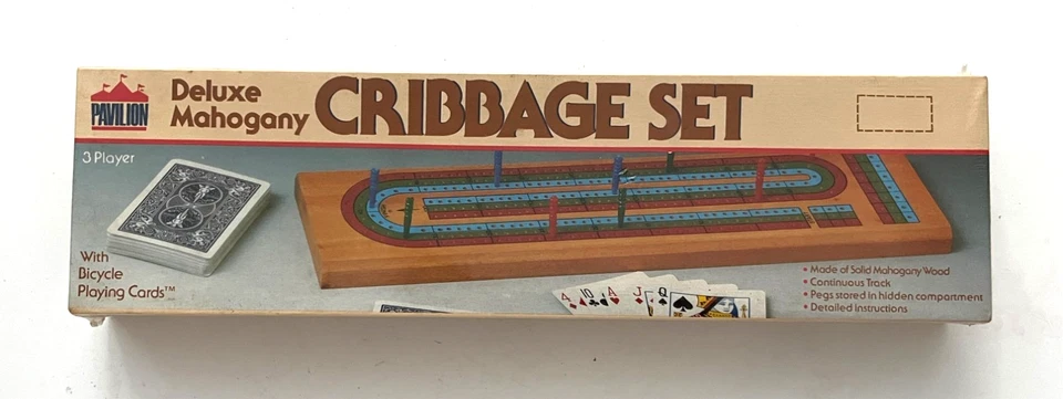 CRIBBAGE SET Deluxe Mahogany Game 3 Players Pavilion 1991 Factory Sealed - Image 1 of 3