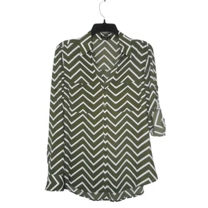 Express Top Damen M grün weiß lang Rollriegelärmel Chevron-Druck Knopfleiste - Bild 1 von 10