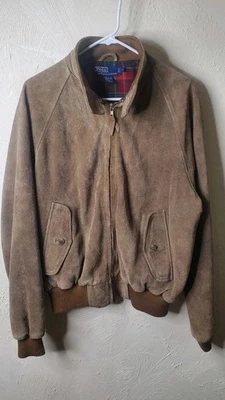 1980’s Vintage Brown Suede Polo Ralph Lauren Bomber Jacket R.O.C Plaid Liner LG - Image 1 of 4