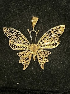 GOLD OVER STERLING SILVER FILIGREE BUTTERFLY PENDANT 1.5"L - Picture 1 of 6