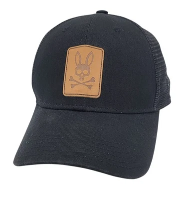 Psycho Bunny OG Leather Patch Trucker Mesh Snapback Black OSFM Hat Cap  - Image 1 of 4