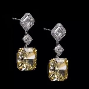 Asscher Yellow Sapphire Simulated Diamond Stylish Drop Earring White Gold Plated - Picture 1 of 1