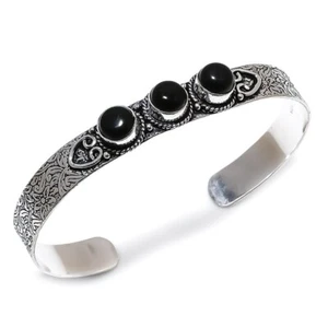 Black Onyx Gemstone Handmade 925 Sterling Silver Cuff Bracelet Size 7-8" - Picture 1 of 1