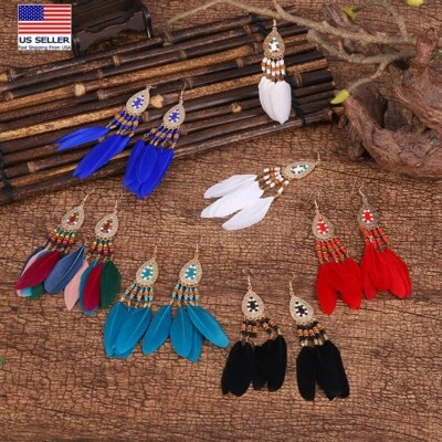 Fashion Women Jewelry Boho Tassel Earrings Beads Feather Droplets Style Hook - Image 1 of 4