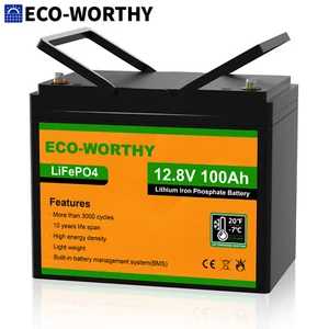 ECO-WORTHY 12V 100AH LiFePO4 Battery Lithium Up to 15000 Cycles Solar RV Marine - Picture 1 of 11