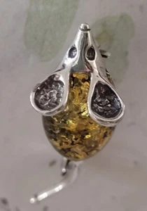 🐭 Sterling Silber & baltischer grüner Bernstein kleine Maus Brosche/Anstecknadel ~ Neu ohne Etikett - Bild 1 von 10