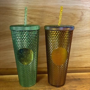 Lot 2 Starbucks Studded Gold & Green Venti Tumbler 24 oz -NEW- - Picture 1 of 17