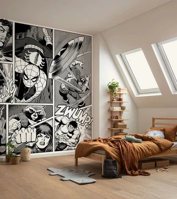 Marvel Comics Wallpaper 212 x 250 cm children kids bedroom Avengers Black White - Image 1 of 4