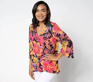 SCHÖNE by Lawrence Zarian Paradise bedruckte Bluse mit V-Ausschnitt schwarz geblümt M neu - Bild 1 von 1
