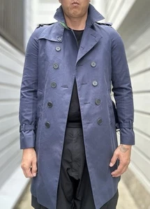 Burberry Prorsum Men’s Navy Blue Coat Trench Size 48 Italy Cotton Gently Used - Picture 1 of 23